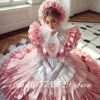 Custom Pink Prom Dress High Neck Long Sleeves Lace Trim Accents Corset Bodice Special Occasion Evening Gown Full Skirt