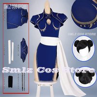 Blue Chun-Li Cosplay Costume Anime SF Combat Uniform Prop Wig Halloween Carnival Party Play Outfit for Woman