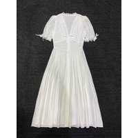 2026 Women White Midi Dress Lace Spliced V-Neck Puff Sleeve High Waist Single Breasted Casual Vintage Robe