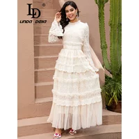 LD LINDA DELLA Autumn/Winter New Women's Dress Flared sleeve Mesh lace patchwork slim Elegant party high-quality Maxi dress