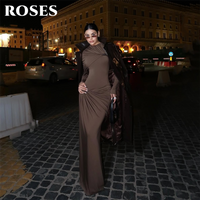 ROSES Brown Evening Dress Draped Formal Gown with Metal Formal Dress High Neck Prom Dresses Long Sleeve 프롬 드레스 Customized