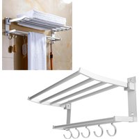 40cm Shower Shelf Foldable Aluminum Bathroom Towel Coat Rack with 5 Hooks Silver Bathroom Accessory Storage Rack Towel Organizer
