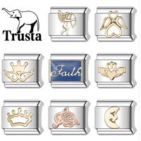 Trusta 2025 Fashion Golden Crown Moon Charm Italian Links 9mm Stainless Steel Bracelet for Women DIY Jewelry Wholesale N317