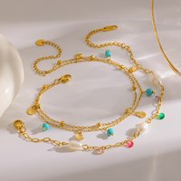 Turquoise Freshwater Pearl Shell Pendant Anklet 18K Gold Plated Stainless Steel Waterproof Vacation Beach Foot Jewelry for Women