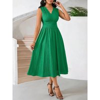 Color Sveless Pure Color Waist-Cinching Wave Pleated Midi Dress Women's Sleeveless Dress Spring Summer Autumn Natural Waist