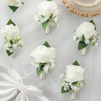 6pcs White Rose Baby's Breath Boutonniere For Men Wedding Rose Corsage For Groom Groomsman Boutonniere For Prom Party Decor