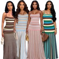 Summer Fashion Twill Stripe Off-Shoulder Dress Color Block Holiday Cross-Border Women's Sweet Style Midi Dress Beach Date Party