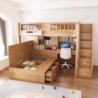 Staggered Solid Wood Bunk Bed with Desk Integrated Kids Bed & Study Table High Storage Cabinet Bed Space-Saving Design