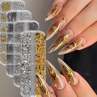 12 Grids Golden Silvery Stainless Steel Nail Art Beads Gun Black Mixed-Sizes Metal Semicircle Nail Balls Design DIY Decor