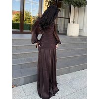 Casual round neck long sleeved pleated design dress with temperament satin high waisted spring and autumn new fashionable dress