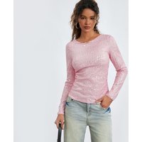 Women Spring Fall Long Sleeve Cropped Tops Sequins Basic T-shirt Casual Pullover for Club Streetwear Aesthetic Clothes