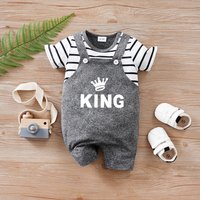 Newborn baby summer short-sleeved fake 2-piece suspenders KING crown soft and comfortable round-neck jumpsuit