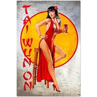 Metal Tin Sign Vintage Chic Art Decoration Tai WUN on Taiwanese Asian Pinup Girl for Bar Cafe Home Farm Office Restaurant