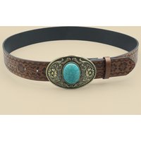 Elegant Vintage Royal Women's Belt - Floral Design with Blue Turquoise Buckle, Perfect for Daily Commute & Travel