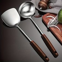 【Pot Spatula + Pot Spoon】Household Stainless Steel Cooking Set, Spatula and Soup Spoon with Wooden Handle, Anti-Scald, Durable, Extended Length