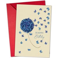 Artistic style blue hydrangea butterfly birthday greeting card envelope set - simple beige background with creative floral butte
