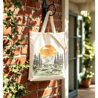Vintage Retro Mountain Print Canvas Tote Bag Versatile Boho Shoulder Handbag for Nature Lovers Reusable Shopping Daily Bag