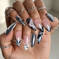10Pcs Handmade y2k Press on Nails Silver Metallic Star Almond False Nails Sweet Cool Style Wearable Reusable Fake Nails