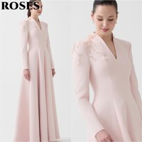 ROSES Light Pink Refined Prom Dresses V-Neck Long Sleeves Satin Prom Gown Exquisite Flowers Party Dresses robe de bal Customized
