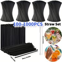 100Pcs Black Drinking Straws with Straw Brush Cocktail Straw Reusable Beverage Drink Tube Wedding Party Supplies Straw