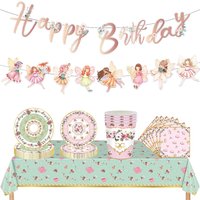 Fairy Floral Tea Party Supplies Girls Happy Birthday Decorations Rose Gold Banner Plates Cups Tablecloths Kids Baby Shower Decor