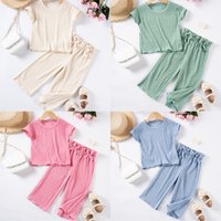 Solid Color Summer New Girl Clothing Fashion Short sleeved Long Pants Two piece Children's Set