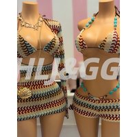 HLJ Y2K Fashion Coffee Striped Bikini Set 2026 Women Beaded String Hollow Out Crop Top Thong Swimsuit Summer Suit Holiday New