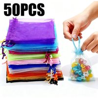 50PCS Transparent Mesh Drawstring Bags Multi Colored Gift Storage for Candy Jewelry Christmas Thanksgiving Party Favors