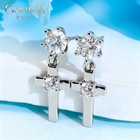 Gourch D/VVS1 Round Cut Moissanite Cross Pendant Stud Earrings 925 Sterling Silver Women's Drop Earrings Hip Hop 14K Gold Plated