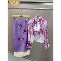 French Style Women Stand Collar Lotus Leaf Side Chiffon Blouse Two Piece Set Elegant Ladies Birthday Party Skirt Matching Sets