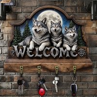 2D Flat, 1pc, Moonlight Wolf Pack Key Hook, Wooden Multifunctional Home House Key Hook, with Four Metal Hooks, Wall Decoration,