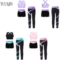 6-16 Kids Girls 3Pcs Sport Yoga Set Cross Back Keyhole Cropped Vest with Contrast Color Pants Shorts for Fitness Gym Jumpsuit