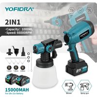 YOFIDRA 1000ML Elektrische Spritzpistole, kabelloser Farbsprüher für Zuhause, HVLP Auto-Möbel-Stahlbeschichtungs-Airbrush, kompatibel mit Makita-Akkus.