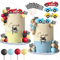 33Pcs Race Car Cake Toppers Black White Checkered Flag Racing Car Cake Balls Toppers for Two Fast One Birthday Cake Decor Favor
