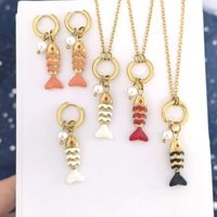 Dangle Hoop Women Earrings Necklace Choker Bracelet Stripe Fish Pearl Ocean Gold Color Stainless Steel PVD Waterproof Enamel Hot
