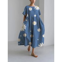 Fashion Lady Short Sleeve Big Swing Loose Maxi Dress 2024 Summer Women Flower Printing Pocket Dress O Neck Party Dress Robe