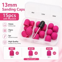 15pcs Hot Pink13mm Nail Sanding Caps with 1pc Mandrel for Foot File Remover Manicure Pedicure Nail Polishing Burr Home Salon Use