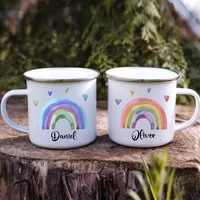 Personalized Campfire Mug with Custom Name Enamel, Rustic Mug for Kids Festive Gifts, Camper Rainbow Cup for Women and Friend