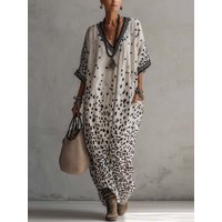 Summer Half Sleeve Chic Party Dress Women Holiday Casual V Neck Simple Maxi Dress Leopard Printing Pocket Loose Ladies Dress
