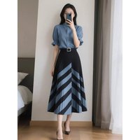 Women Elegant 2 Piece Set Summer Pleated Shirt Top & High Waist Striped Midi Skirt Commuter Office Outfit