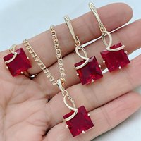 Kinel Hot Shiny Red Natural Zircon Jewelry Sets for Women Fashion 585 Rose Gold Color Ring Earrings Necklace Daily Fine Jewelry