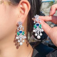 Pera Elegant Blue Green Cubic Zirconia Silver Color Long Dangling Pearl Drop Earrings Bridal Wedding Jewelry for Brides E0013