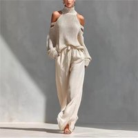 Fashion High Collar Sexy Hollow Off-shoulder Women's Knitted Tops 2-piece Set Spring Casual Loose Wide-leg Trousers Female Suit