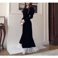 Women Dress 2026 Spring Autumn New Square Collar Long Sleeve Velvet Patchwork Lace Cinched Waist Elegant Temperament Long Dress