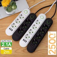 2500W EU Plug AC Outlet Multiprise Power Strip 2m Extension Cord Electrical Socket Network Filter With USB Ports Fast Charging
