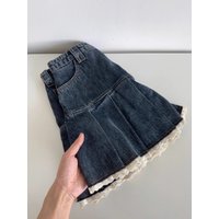 Women Blue A-line Denim Skirt Vintage Aesthetic Y2k Patchwork Lace Jean Skirt Harajuku Korean Cowboy Skirts 2000s Clothes Summer