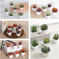 Mini plante verte succulente artificielle, bassin en plastique blanc, rebord de fenêtre de maison, décoration d'étagère de bureau de Restaurant 6 pièces (ensemble)