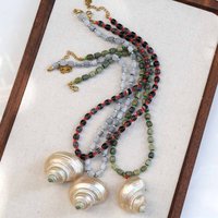 Wholesale vacation style ocean colored glass bead necklace, large shell pendant, stainless steel accessories