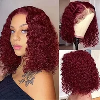 99J Burgundy Short Bob Deep Wave Wig Hair Wig Human Hair 13x4 Lace Front Transparent Frontal Wig Red Colored Remy Curly Wigs