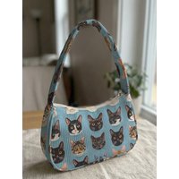 Trendy Cat Head Print Shoulder Bag, Light Blue Corduroy Underarm Bag for Daily Casual Use